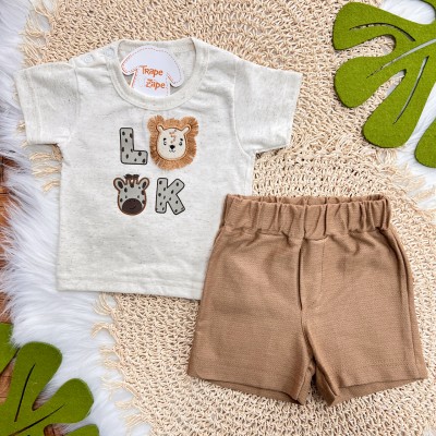 Conj. Camiseta em Linho Leão e Zebra LOOK e Bermuda - Areia